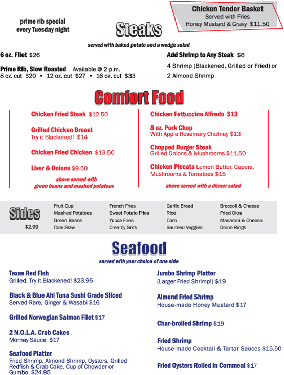 Sandwiches, Burgers, Steaks, Seafood and Sides